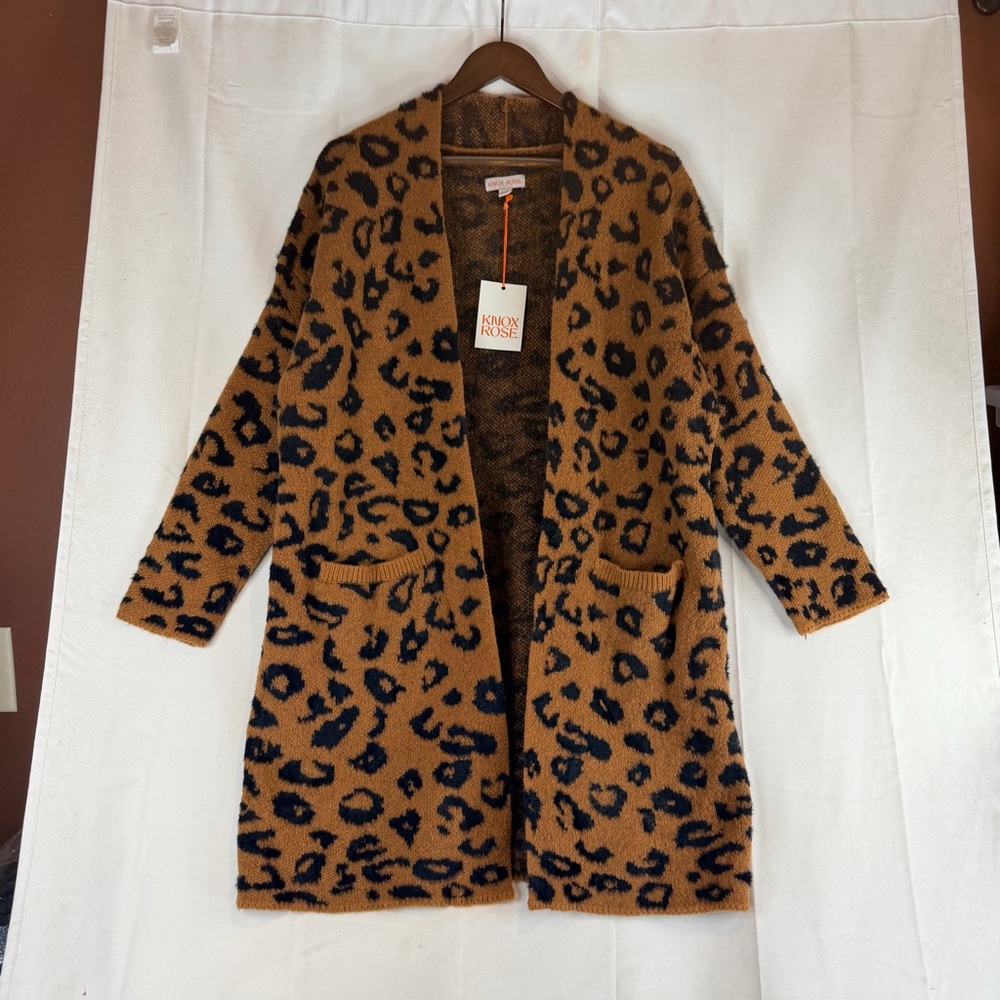 KNOX ROSE Women’s Size M Sweater Cardigan NWT Leopard Longline Open Front SOFT - Picture 2 of 14